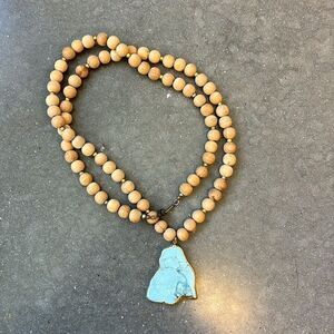 Necklace wooden beads with stone pendant turquoise brown